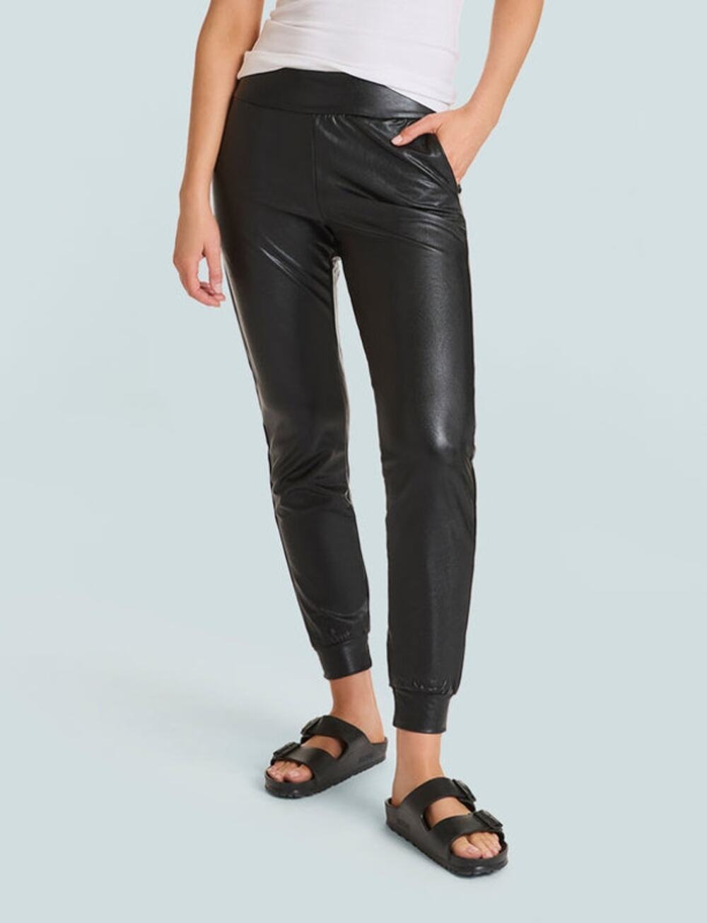 Commando Faux Leather Jogger Pant Black Pull On Medium Pocket Stretchy Cuffed